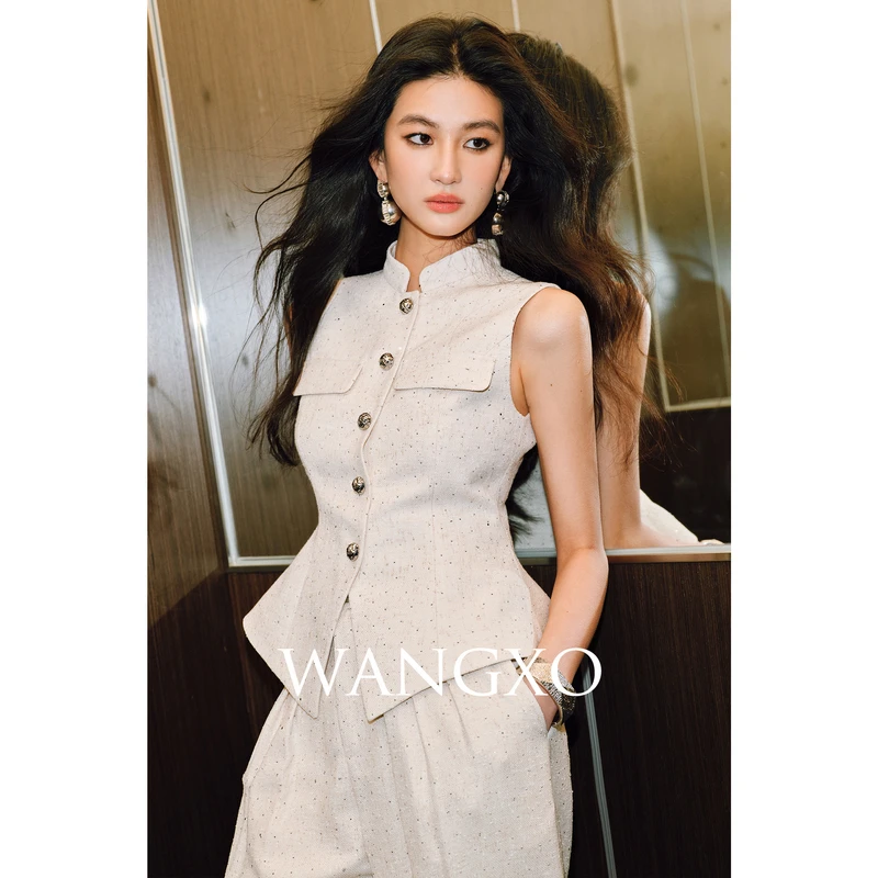 WANGXO 削肩立领收腰马甲伞摆上衣套装 2401750W