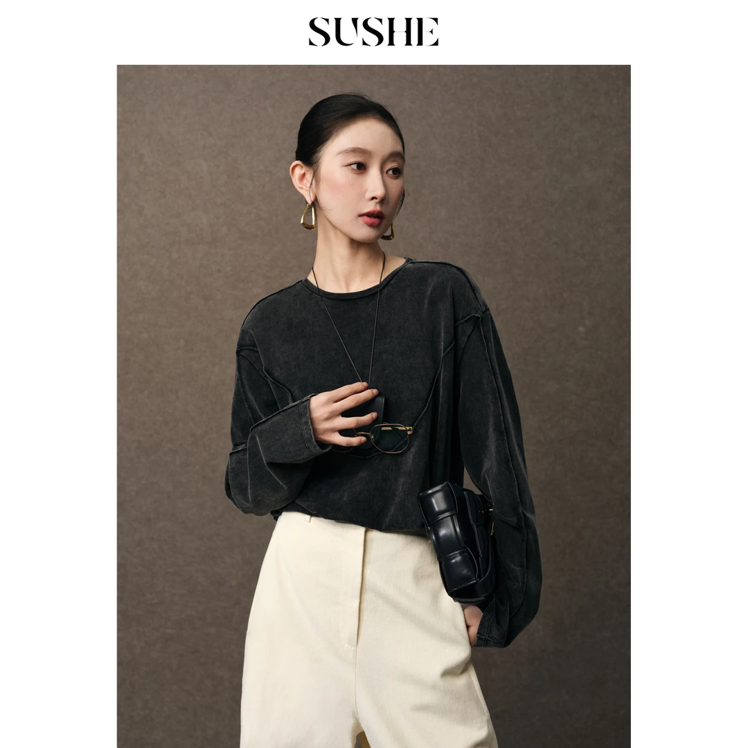 束皙SUSHE 子夜 休闲机能风水洗灰2025春季新款圆领长袖T恤女