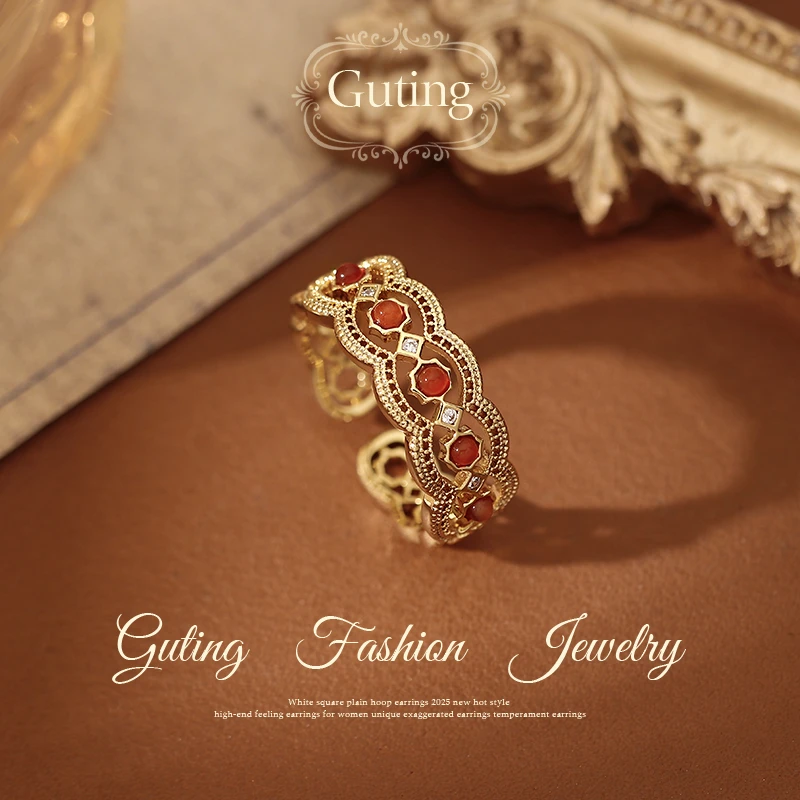 铜合金合成锆石戒指 2031金色花丝开口戒指女小众轻奢高级指环