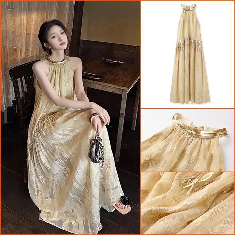 W.WANG国风新中式高端刺绣烧花挂脖裙女夏季新款气质无袖连后妈裙