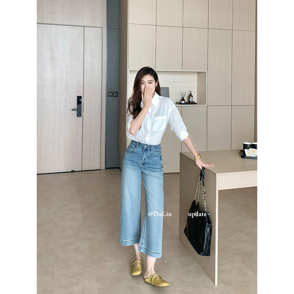 九分夏季薄款宽松阔腿裤女士2025新款莱赛尔时尚透气牛仔裤661007