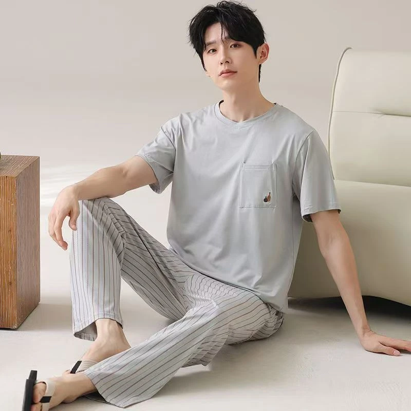 夏季长裤短袖家居服套装男高质感穿搭宽松休闲可外穿睡衣