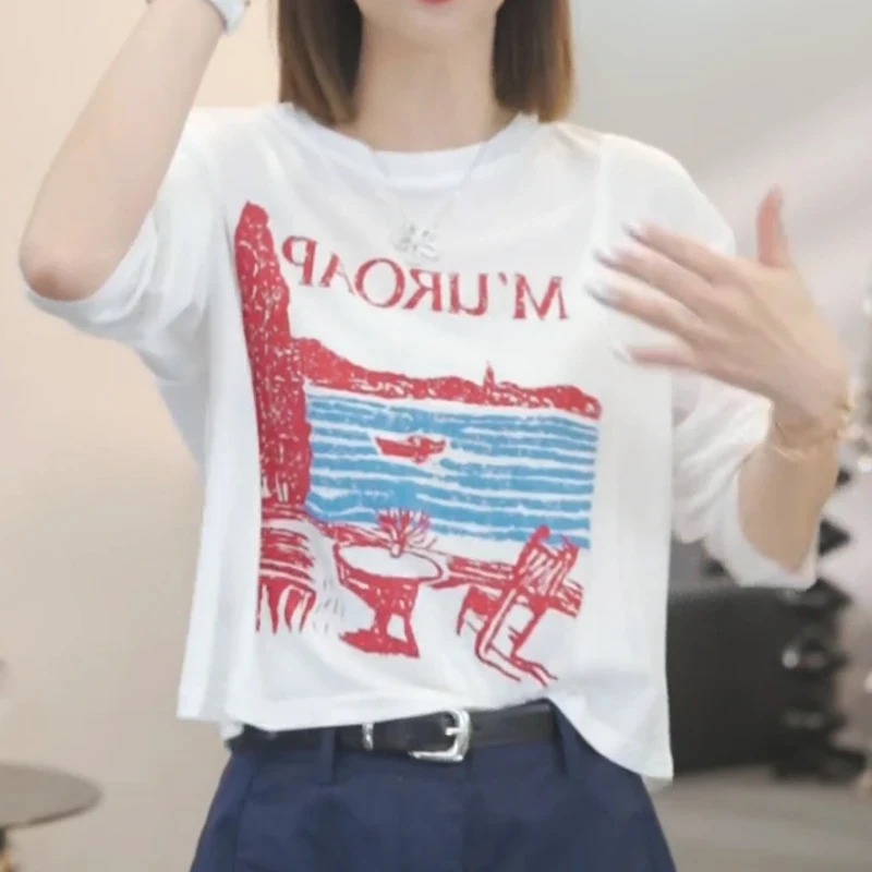 夏季新款2025圆领小众休闲防晒长袖T恤时尚百搭宽松显瘦薄款上衣