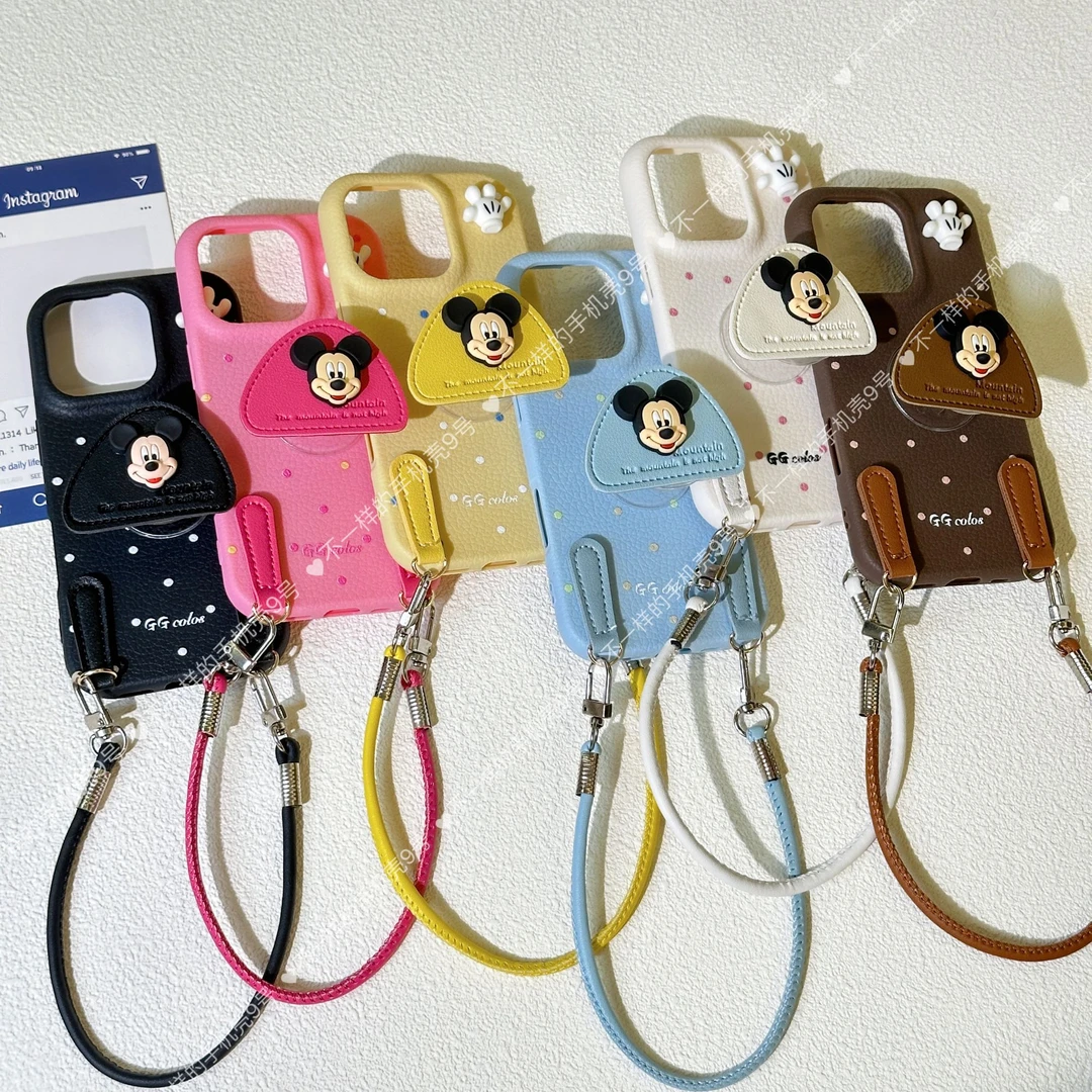 新款皮革米奇支架适用苹果16promax手机壳华为荣耀OPPO带斜挎挂绳