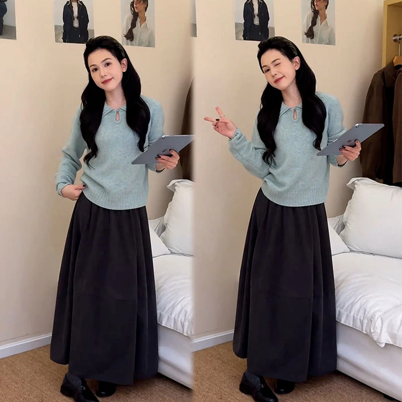 2025秋季新款设计感法式简约POLO领长袖上衣女休闲半身裙两件套