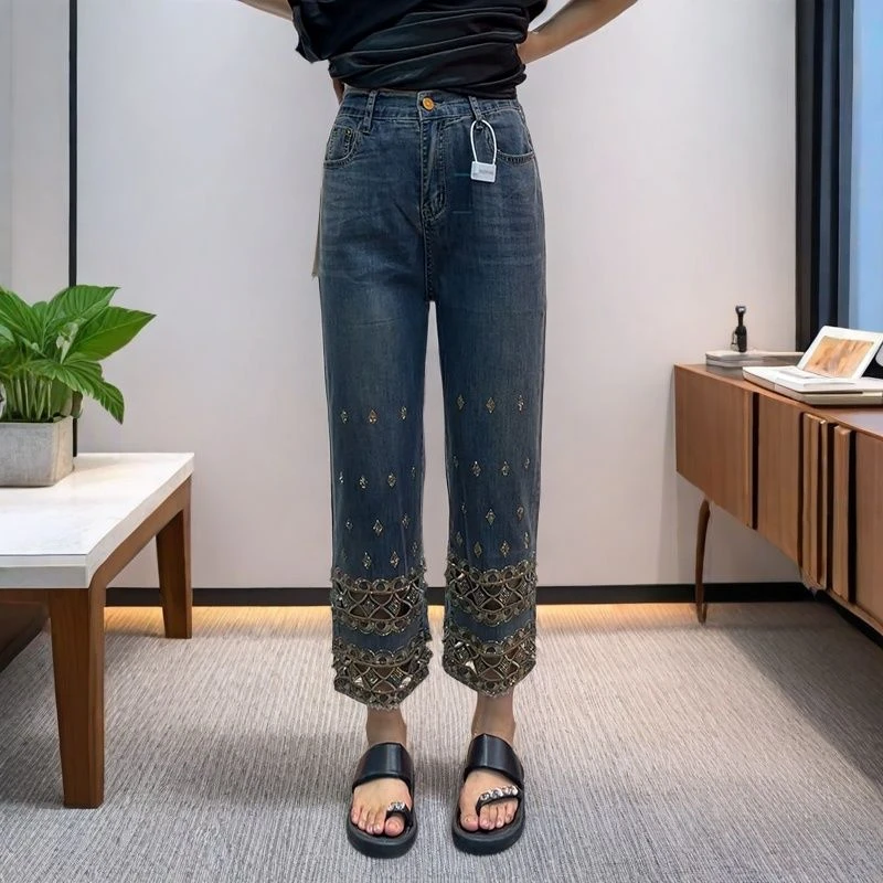 重工烫钻九分牛仔裤女夏季薄款2025新款高腰显瘦大码九分直筒裤子