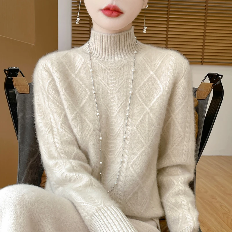 重磅加厚！时尚宽松100羊毛半高领重工绞花女轻奢版  315