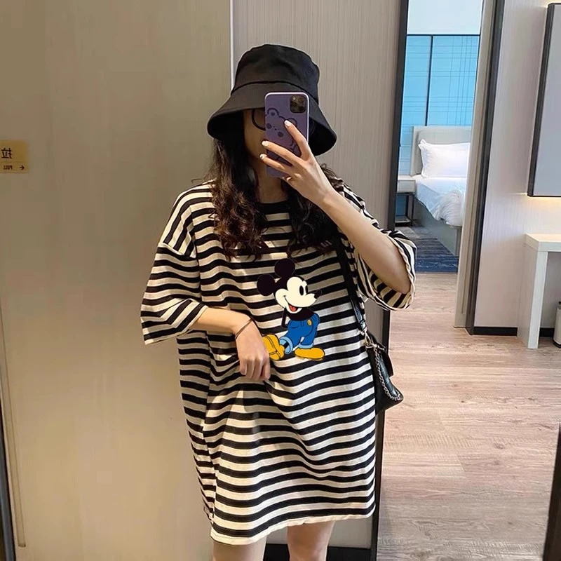 孕妇中长款条纹短袖夏季连衣裙胖短袖大宽松版t恤女
