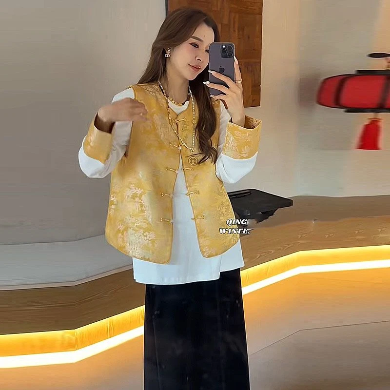 国风新中式小衫两件套2025春秋圆领长袖T恤+盘扣提花刺绣马甲女潮