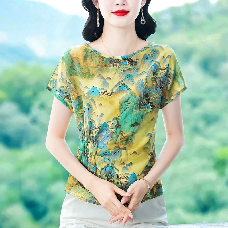 2025夏季新款中老年妈妈装短袖上衣女桑丝高档提花小衫T恤