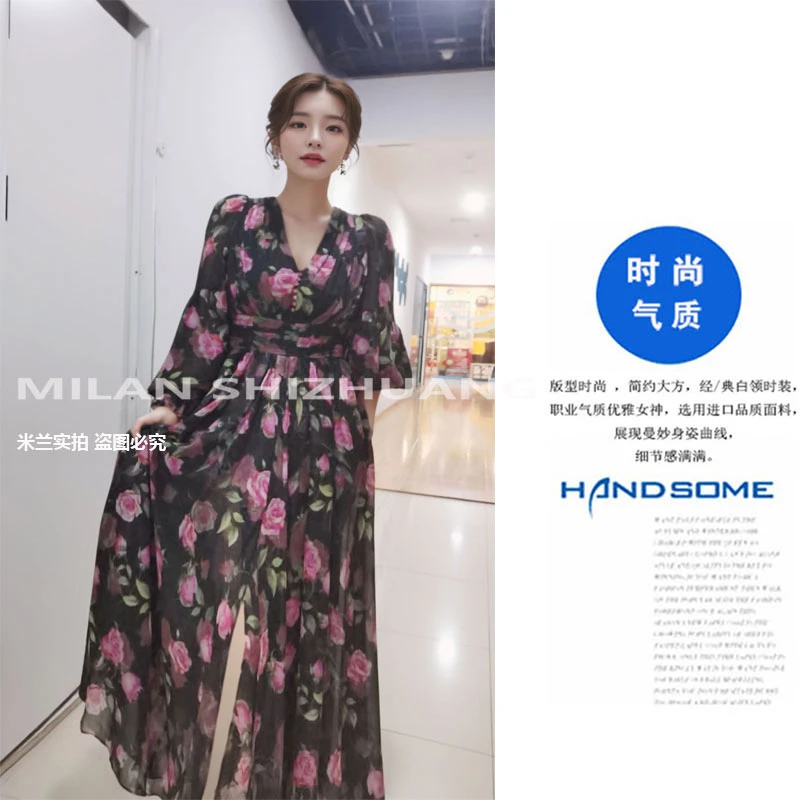 朱珠明星同款长裙25高级感优雅修身时尚大摆印玫瑰花开叉连衣裙女