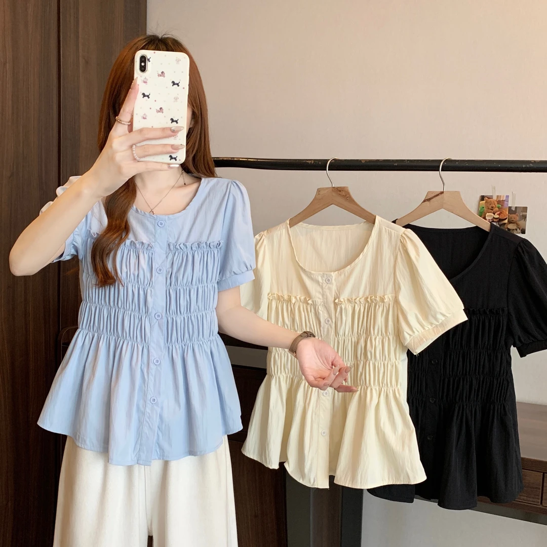 大码女装2025夏季新款时尚休闲褶皱显瘦短袖衬衫上衣春游出行衣服