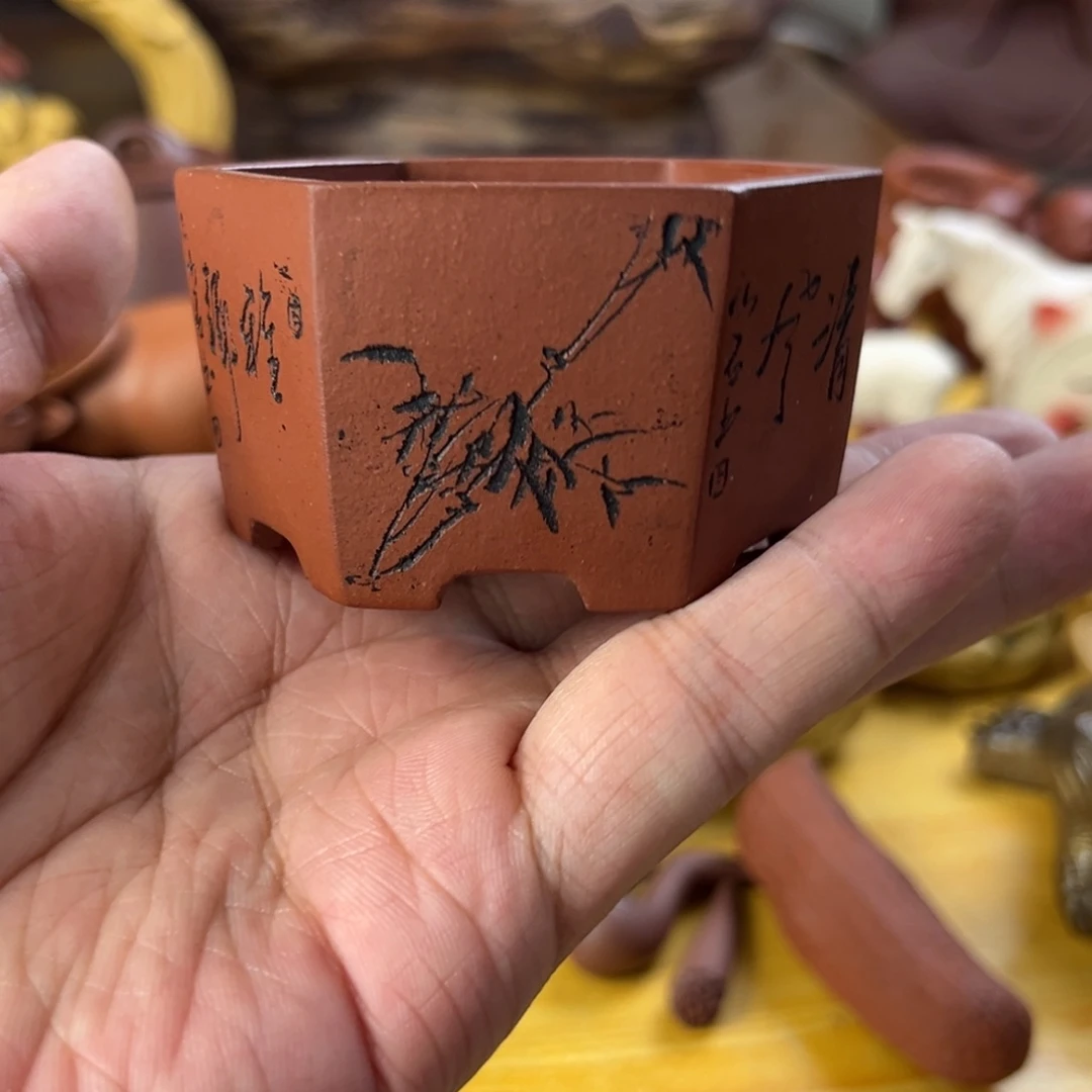 紫砂茶盘六方刻绘小花盆