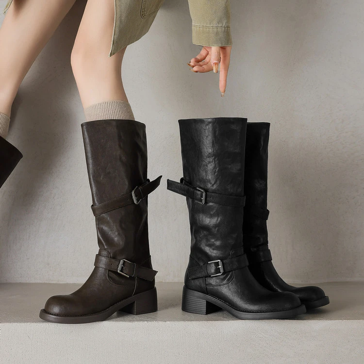 5cm 复古皮带扣百搭粗跟高筒骑士靴秋冬通勤简约风时尚小个子长靴
