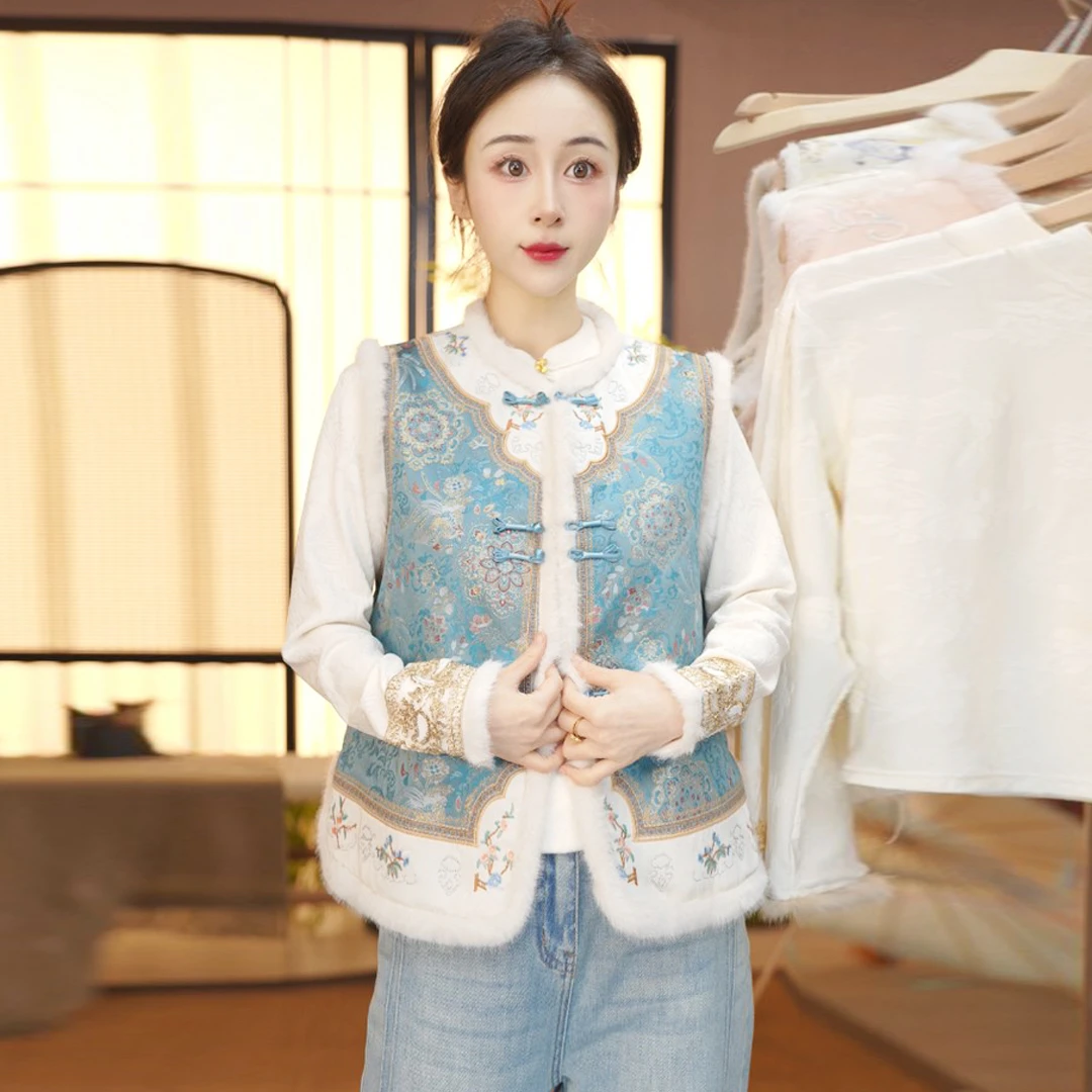 新中式国风毛毛马甲女秋冬夹棉马夹重工刺绣休闲百搭显瘦背心上衣
