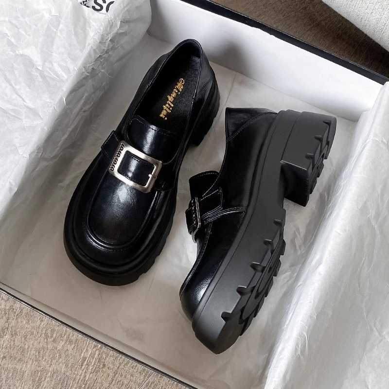 粗跟厚底黑色乐福鞋女百搭小皮鞋复古学院风一脚蹬乐福鞋大码女鞋