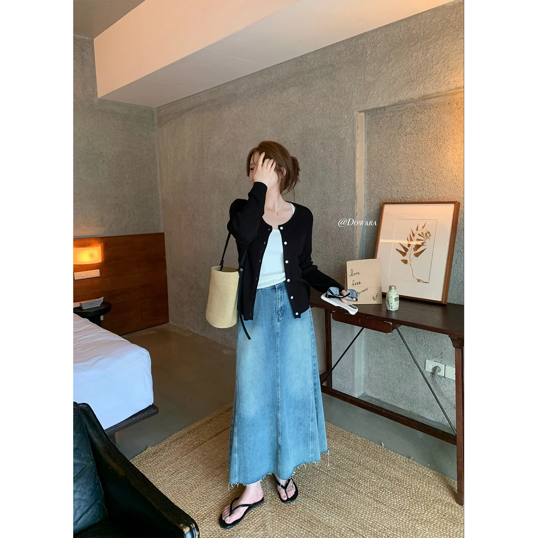 现货大婉酱微胖定制韩系复古牛仔半身裙女春季长款显瘦A字裙6486D