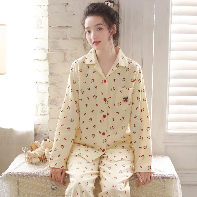 秋冬新款女士睡衣纯棉磨毛甜美印花保暖长袖可外穿全棉家居服套装