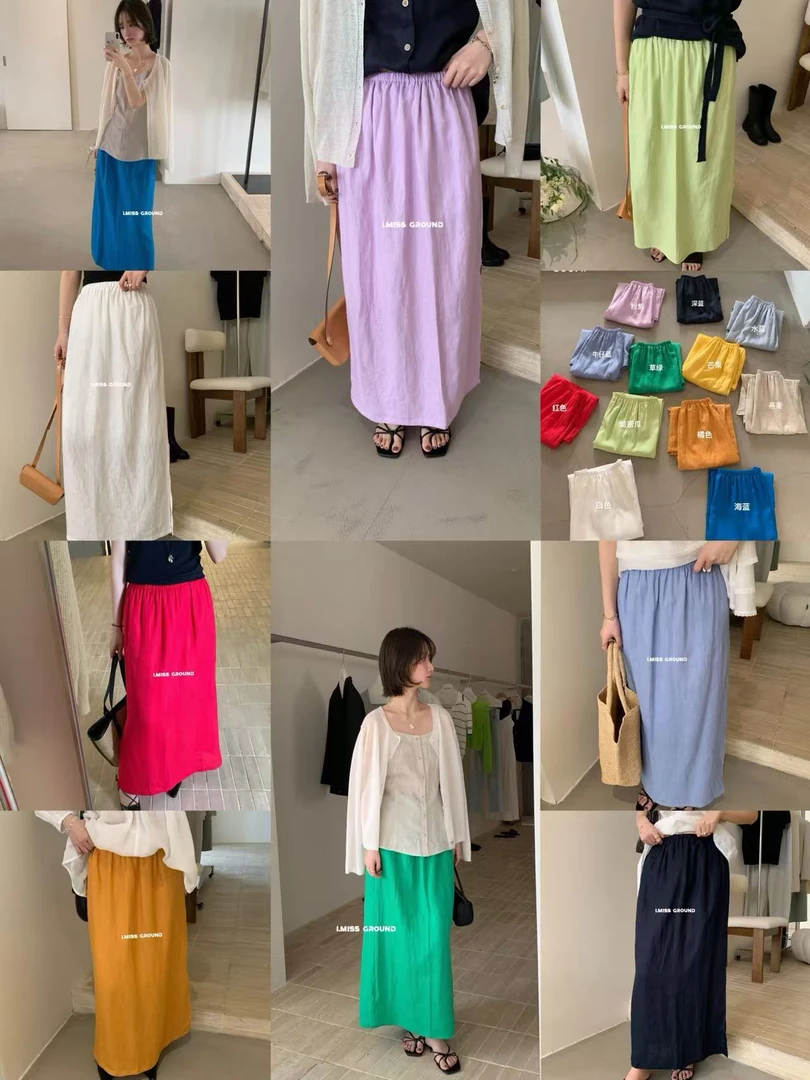 imiss@3067 韩系百搭纯色高腰显瘦半身裙（百百亚麻 裙长88）7-4