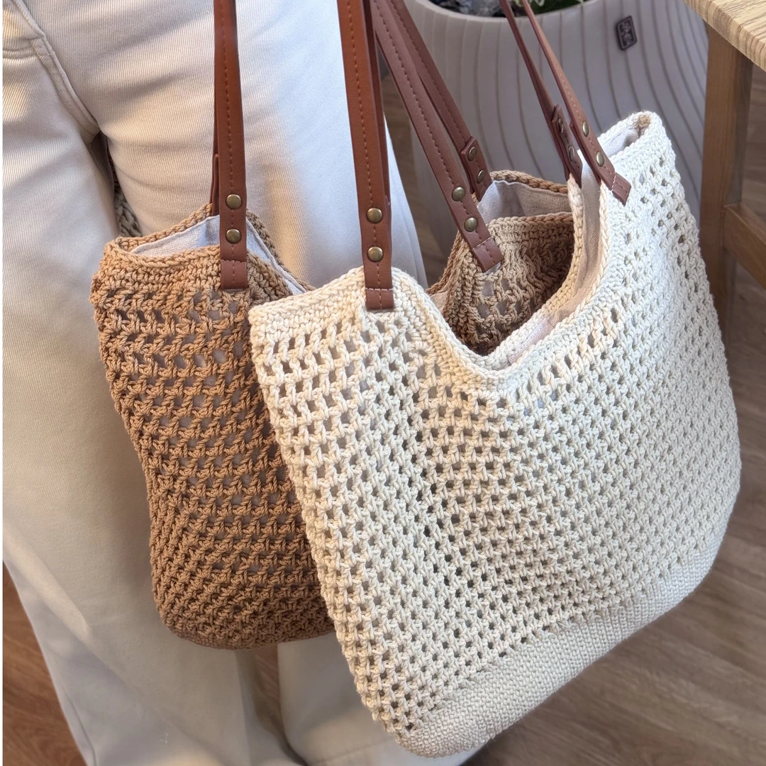 休闲大容量单肩棉线编织包新款镂空网纹托特包海边度假沙滩包女包