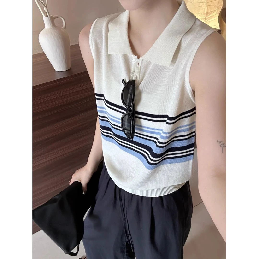 夏季新款外穿针织T恤翻领拼接条纹设计感小众时尚显瘦无袖上衣女