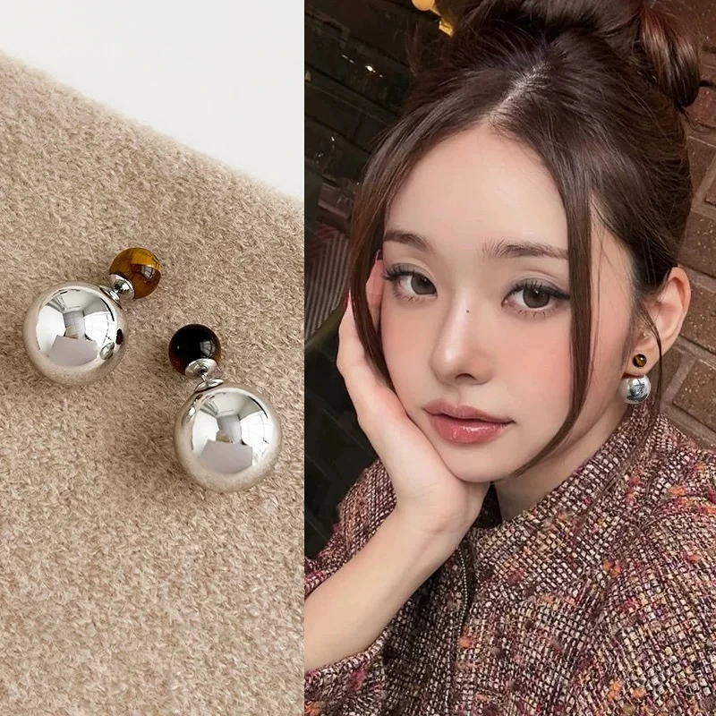 铜合金耳饰 s925纯银美拉德虎眼石耳钉女通勤百搭气质高级感耳环