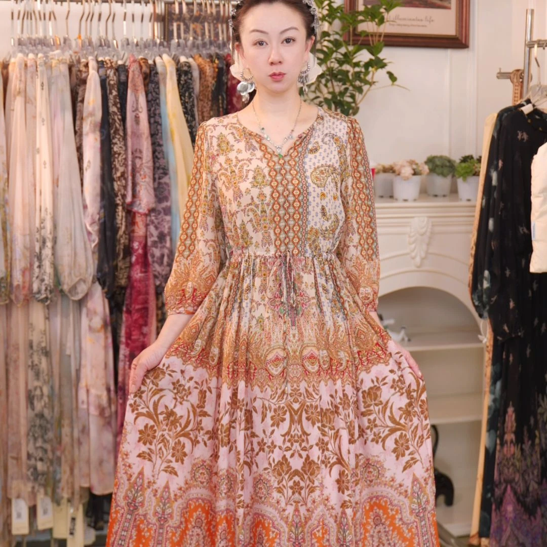 新！【玲姐真丝-橘韵繁华】桑蚕丝连衣裙YY94123-8