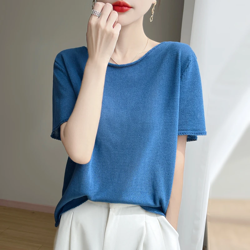 RZ.精工亚麻冰丝卷边针织衫短袖T恤圆领夏季高级感慵懒多巴胺百搭
