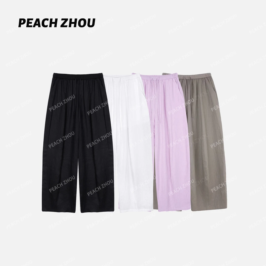 『PEACHZHOU』100亚麻针织腰头宽松休闲裤松紧腰极简老钱百搭阔腿裤