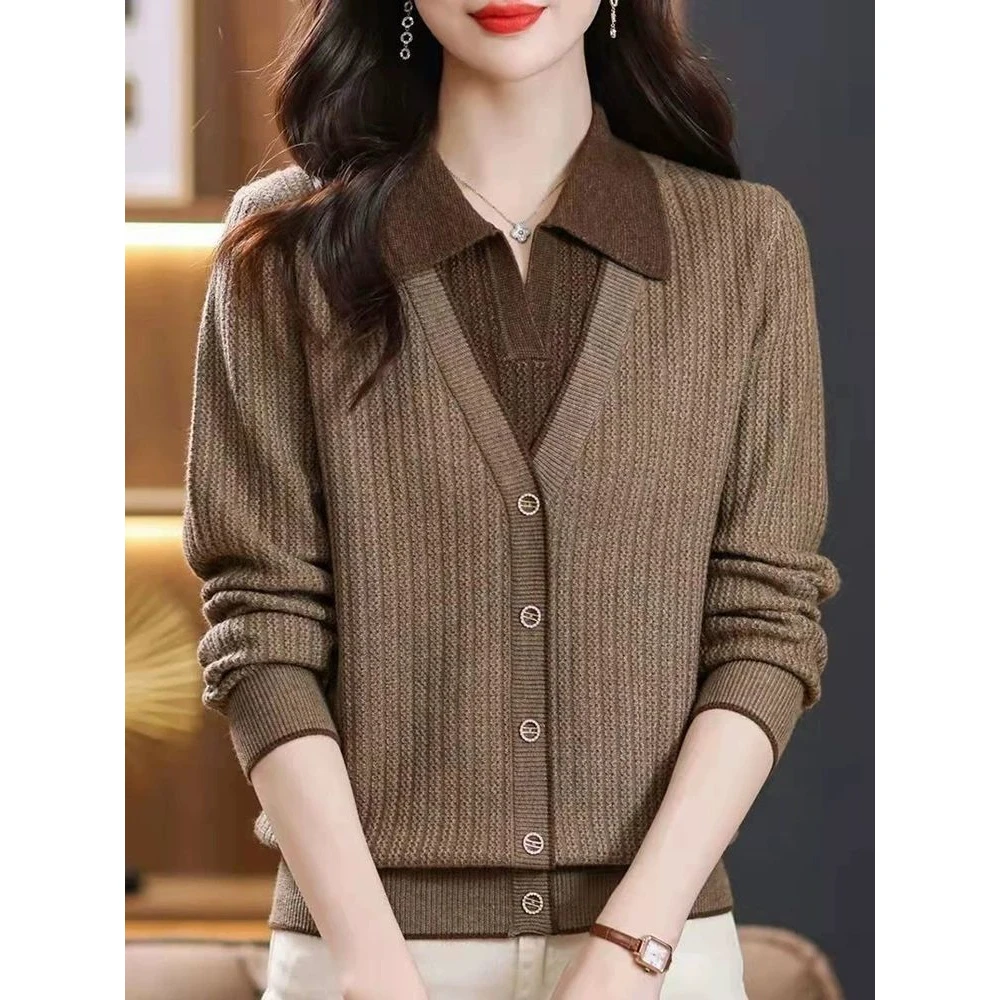 翻领假两件衬衫针织衫大码时尚气质中年女装秋冬长袖宽松洋气毛衣