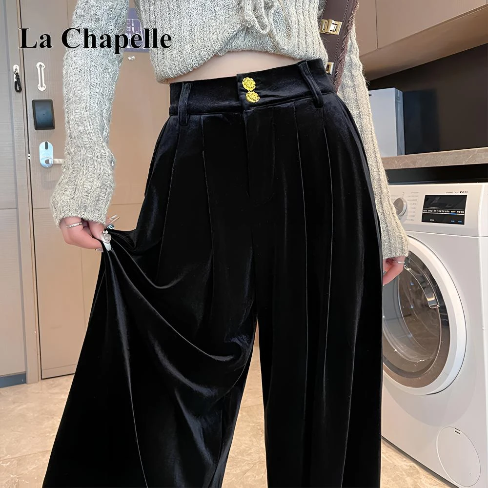 拉夏贝尔黑色金丝绒阔腿裤女2025年秋季新款高腰垂感小个子直筒裤