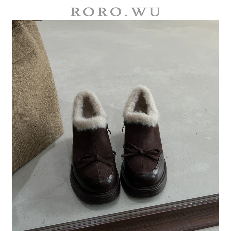 娆娆吴·真皮减龄百搭加绒蝴蝶结小皮鞋冬季新款粗跟乐福鞋女F33