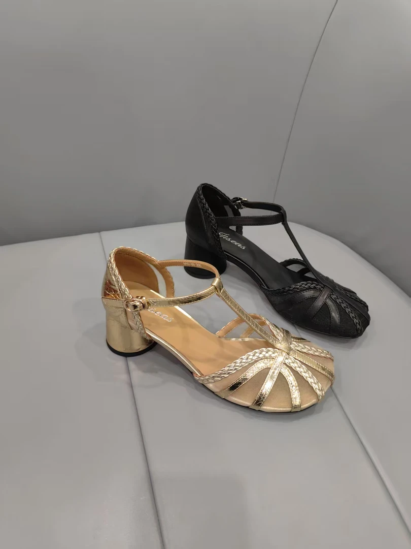 新款时尚百搭时装粗跟中跟浅口真皮春夏季凉鞋