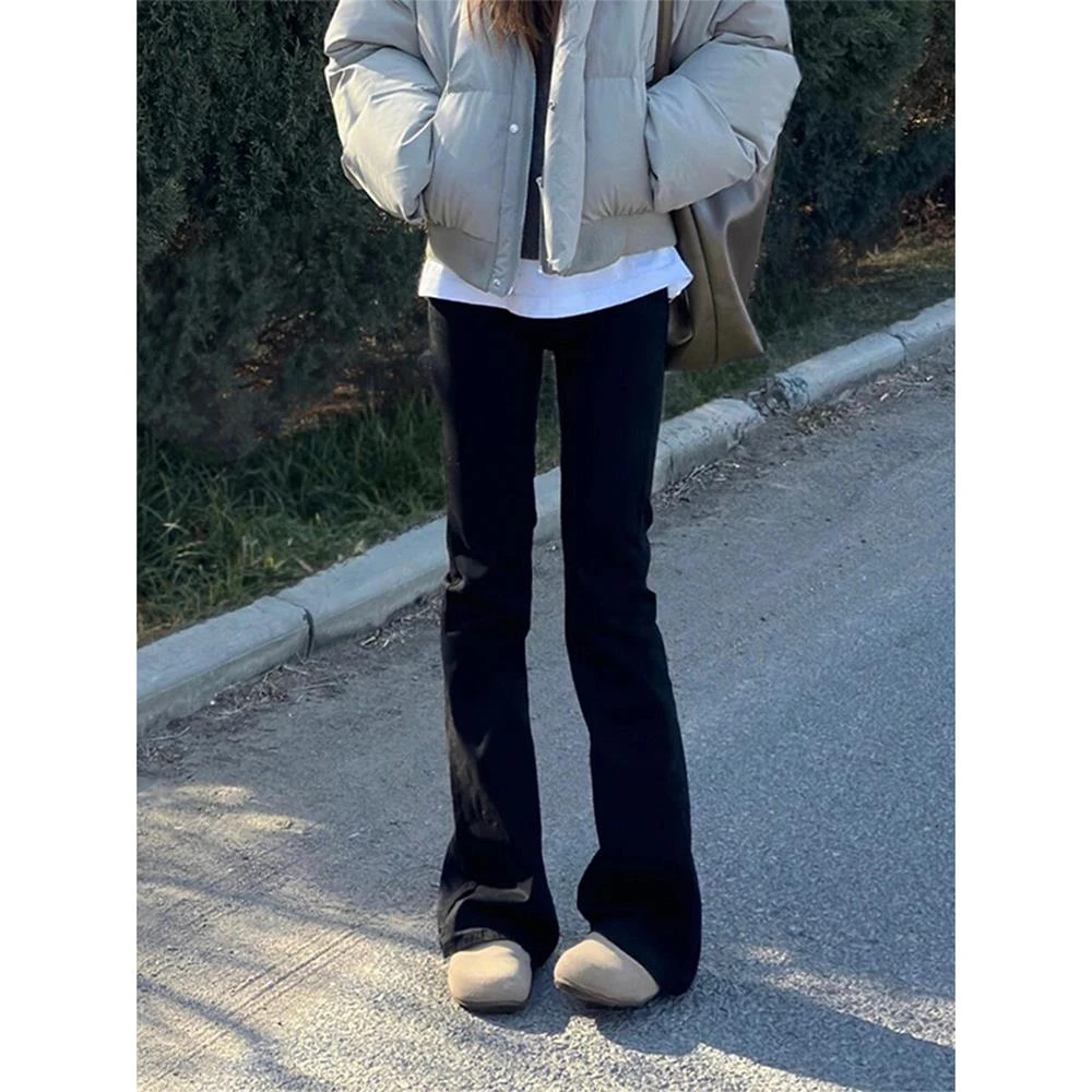 黑色微喇牛仔裤子男秋冬弹力修身加绒裤子美式高街cleanfit直筒裤