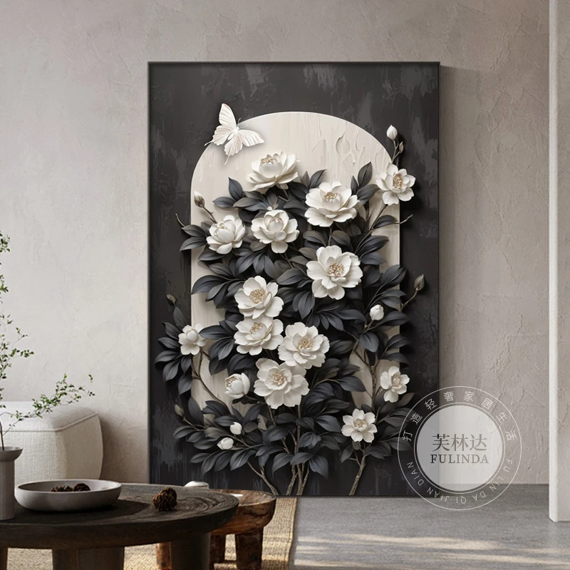 中古风玄关装饰画黑白花卉复古高档现代简约客厅沙发背景墙壁挂画