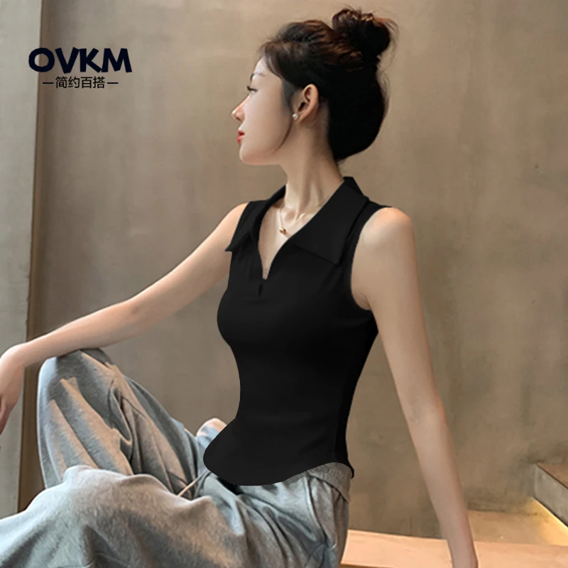 OVKM黑色POLO领外穿吊带背心女2025夏季新款无袖设计感小众内搭上