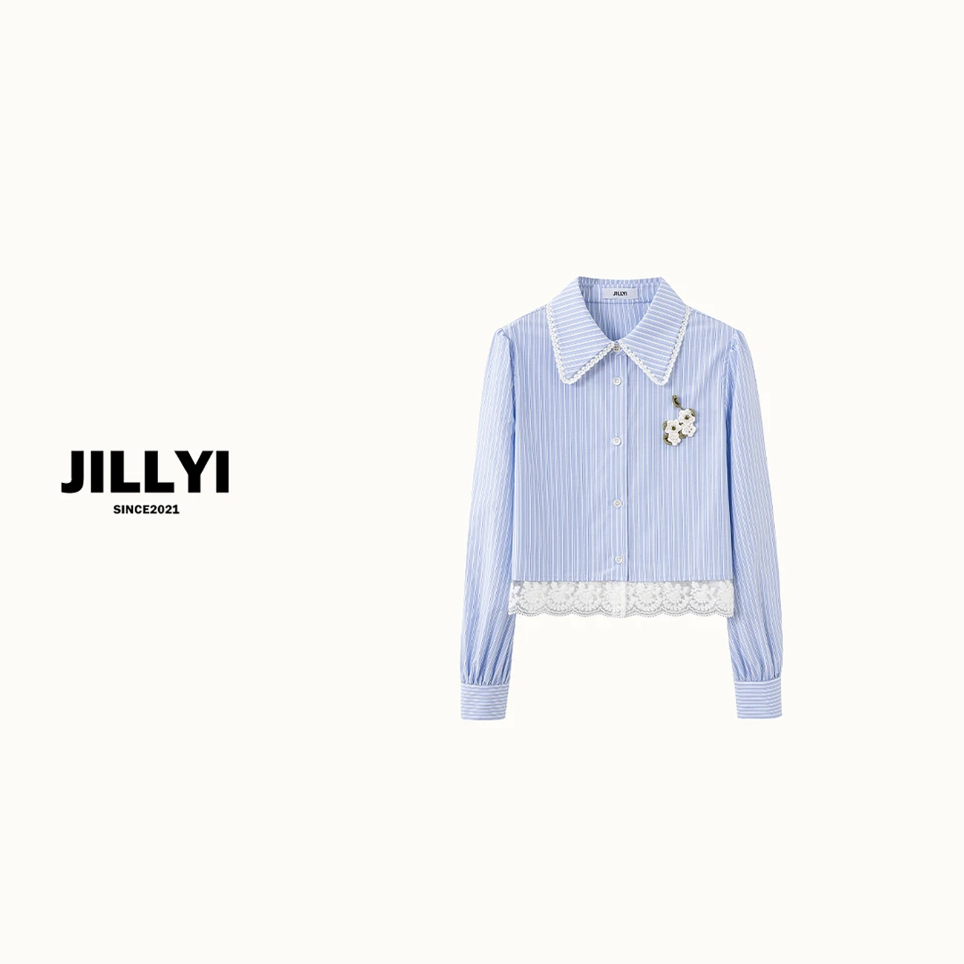 JILLYI珠海店【公主早茶】浅蓝色条纹拼接蕾丝花边胸口3D花朵装饰衬