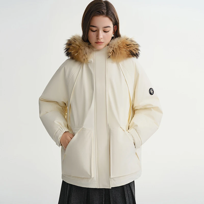 独束大码女装【熊抱羽绒】毛领派克工装羽绒服白鸭绒外套25DS84089