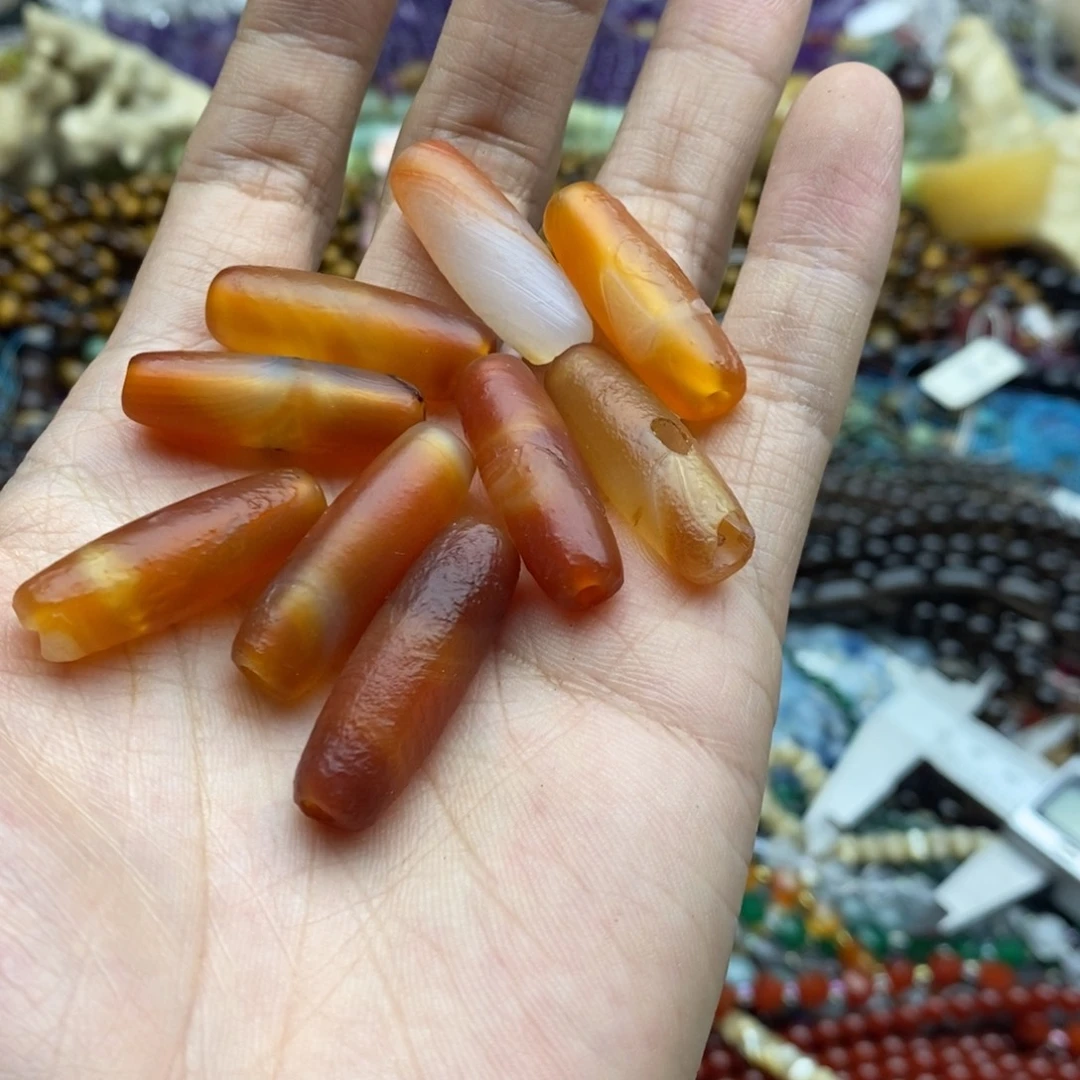 玛瑙/玉髓未镶嵌珠宝半成品三颗扩孔10×28橘皮玛瑙桶珠