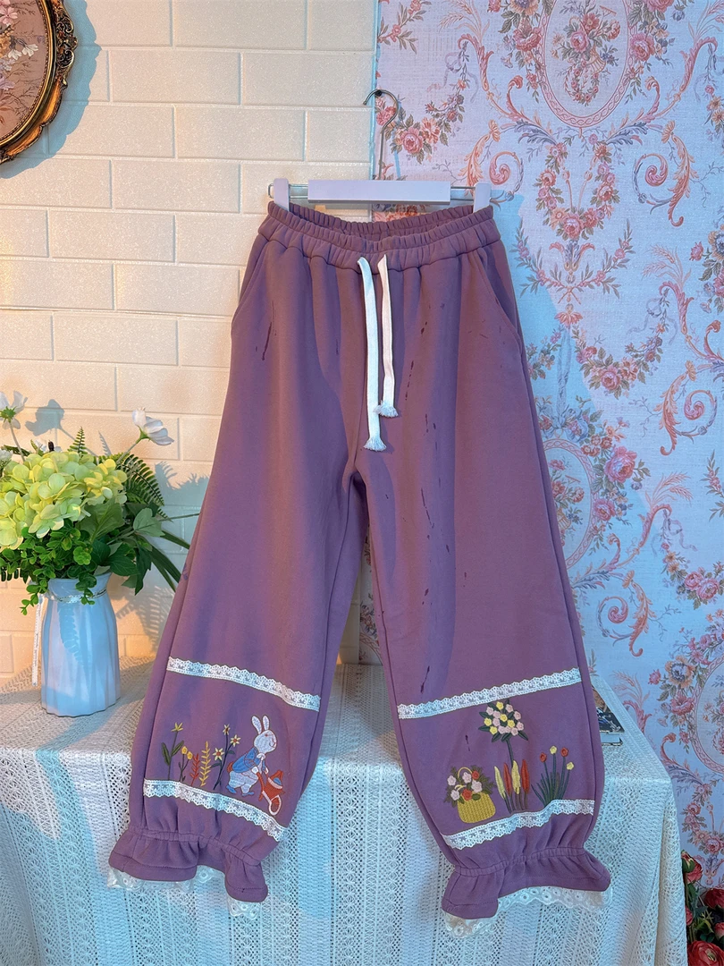 《米粒》2574松紧腰可系带重工刺绣百搭减龄加绒休闲裤