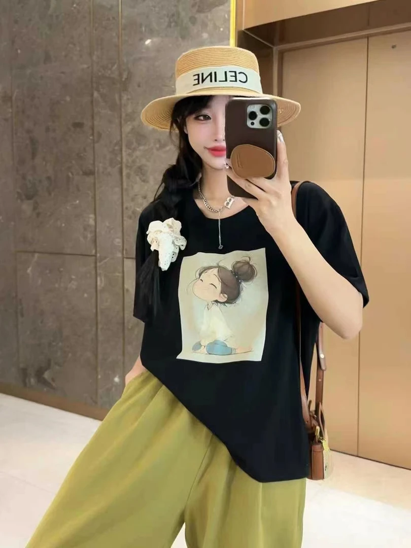 T恤静奢风盘发美女头印花韩版圆领百搭夏季短袖杂志风大版女装
