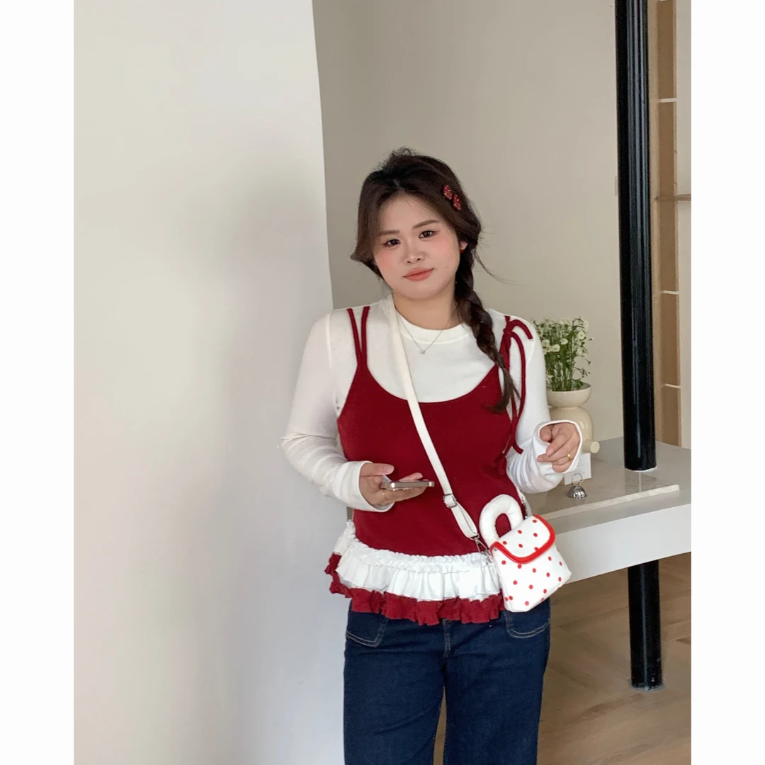 现货大头婷微胖春季假两件长袖T恤红色圆领拼色木耳边气质上衣