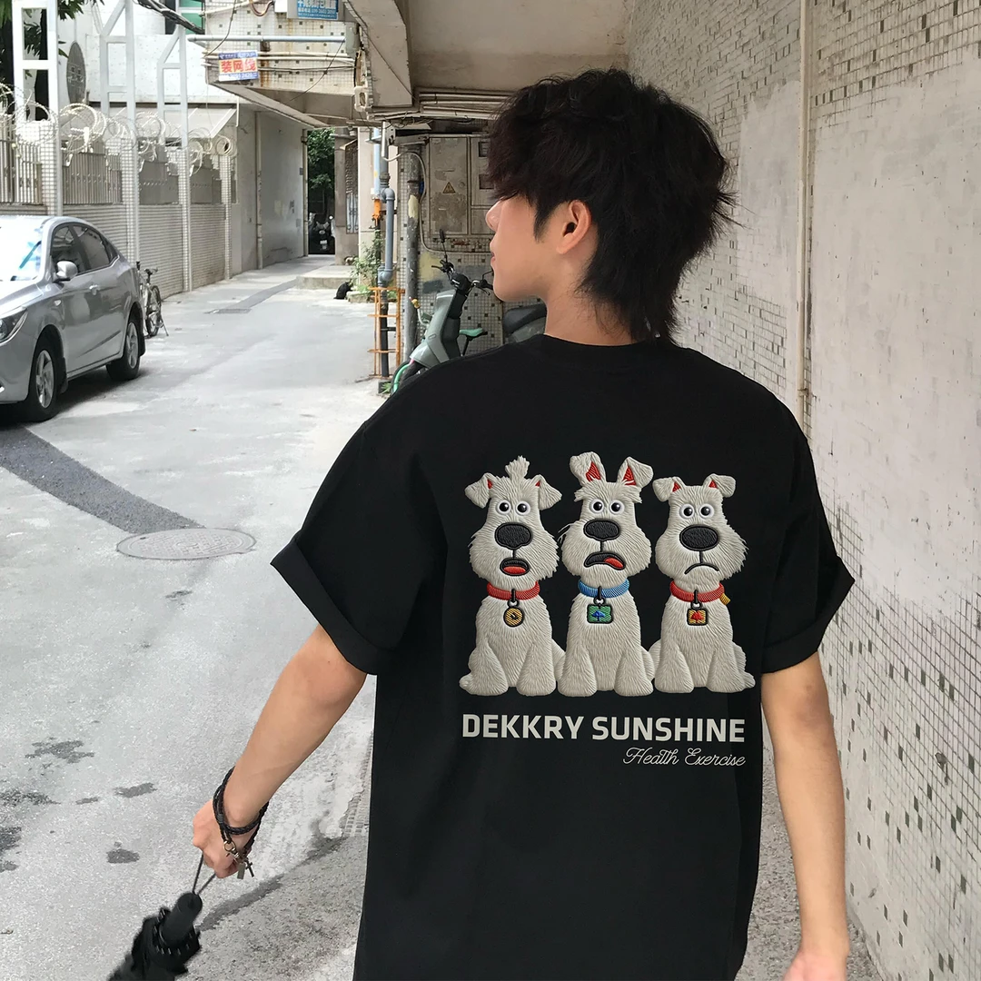 100%纯棉美式个性小狗字母仿刺绣印花休闲短袖t恤男女夏情侣上衣