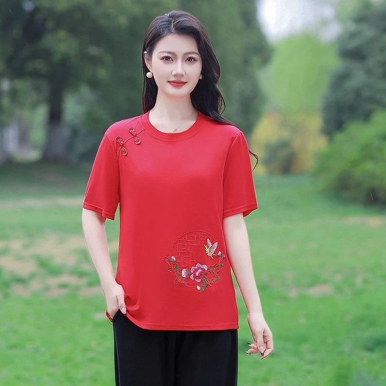 中老年妈妈装绣花短袖T恤女宽松显瘦洋气时尚圆领大码夏季女上衣