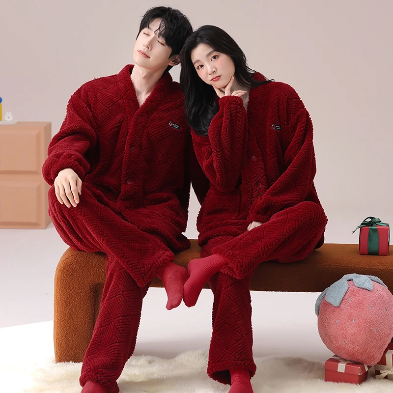 芬腾可安珊瑚绒情侣睡衣冬季保暖加厚休闲风日韩系宽松版红色结婚