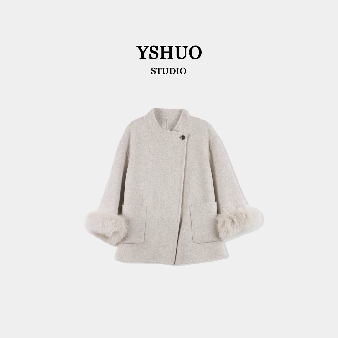 【冰语华裳】秋冬可拆卸毛毛袖子双面绵羊毛时尚手工大衣 33006