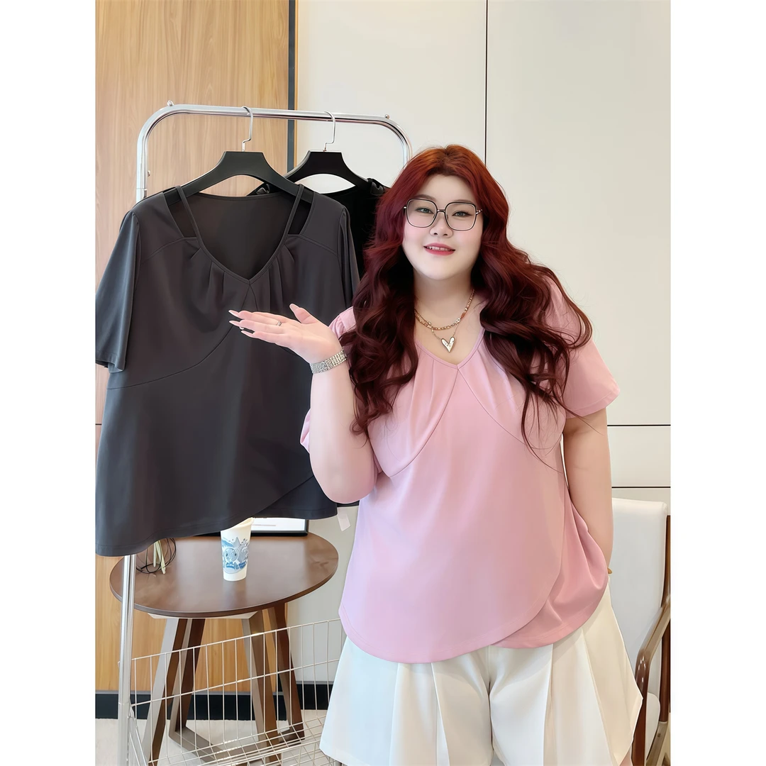 断码捡漏~葡萄汽水 / 设计感修身遮肉显瘦t恤 14879花契大码胖m