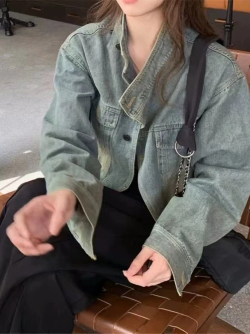 MAMIE【牛仔控】春夏新款怀旧复古牛仔外套休闲短款夹克女潮上衣