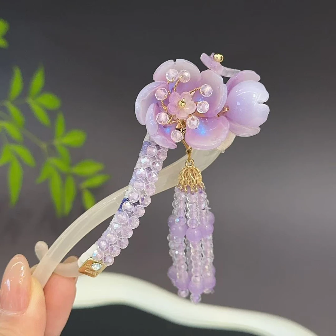 FUXI/福熙【花间令】新款原创设计精品重工紫色双花流苏扭扭夹1453