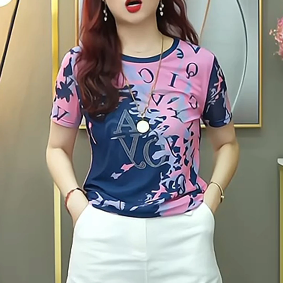 2025夏季新款时尚圆领宽松显瘦拼接短袖T恤女百搭洋气上衣潮